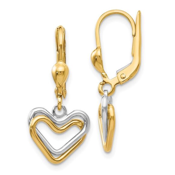 14k Yellow Gold Two-tone Heart Leverback Dangle Earrings